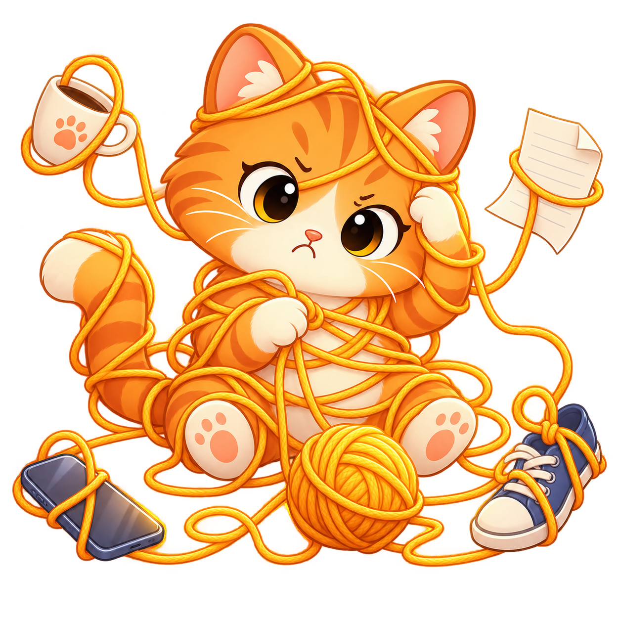Cat tangled in yarn